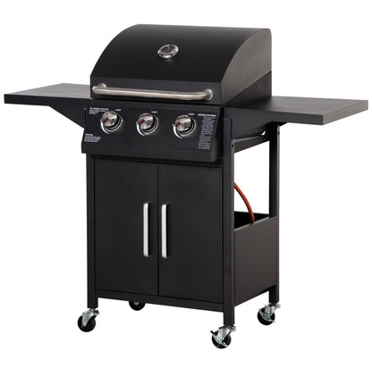 3 Burner Gas BBQ Grill Outdoor Portable Barbecue Trolley w/ Warming Rack, Side Shelves, Storage Cabinet