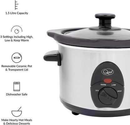 Quest 1.5 Litre Compact Slow Cooker Stainless Steel