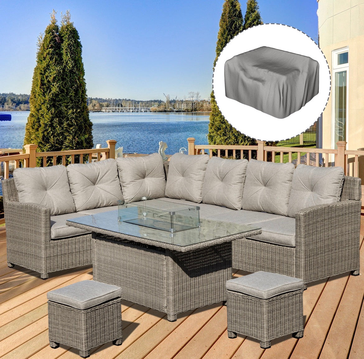 8-Seater Outdoor PE Rattan Sofa Set Conversation Set w/ Fire Pit Table, L-Shape Sofa, Footstool and Furniture Cover