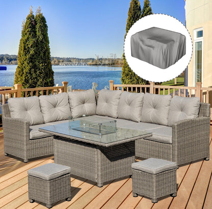 8-Seater Outdoor PE Rattan Sofa Set Conversation Set w/ Fire Pit Table, L-Shape Sofa, Footstool and Furniture Cover