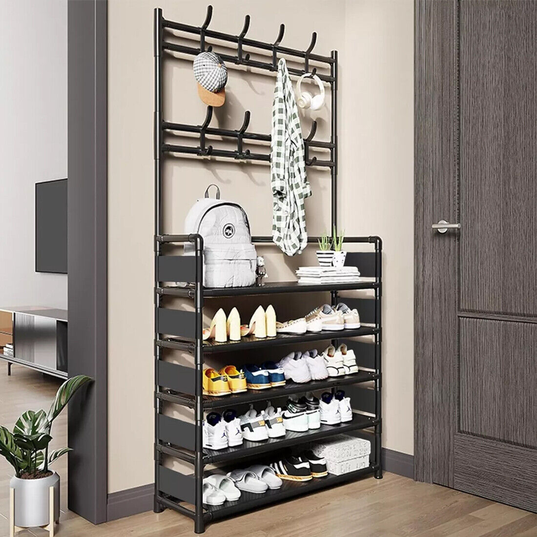 Black Metal Coat Stand with 5-Tier Shoe Rack