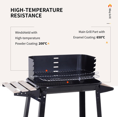 Charcoal BBQ Barbecue Grill Outdoor Patio Garden Heating Smoker with Side Trays Storage Shelf and Wheels