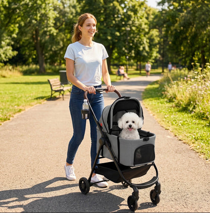 PawHut Dog Stroller, 3 in 1 Foldable Pet Stroller for Small Puppy Cat with Detachable Travel Carrier, Storage Basket