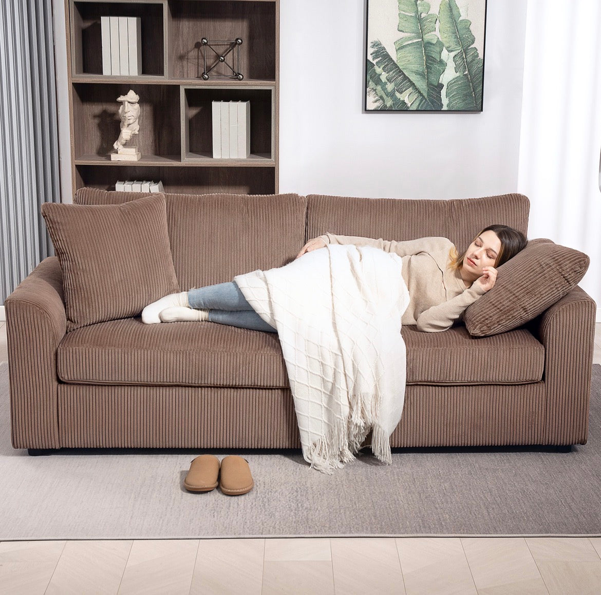 Modern 3 Seater Sofa with Spring Cushion, 212 cm Fabric Jumbo Cord Sofa Couch with 2 Scatter Cushions, Upholstered Corduroy Settee for Living Room, Bedroom, Home Office