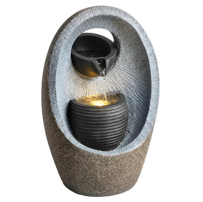Water Feature with 2-Tier Bowls, Garden Water Fountain with Pump and LED Lights, Resin Cascading Waterfall