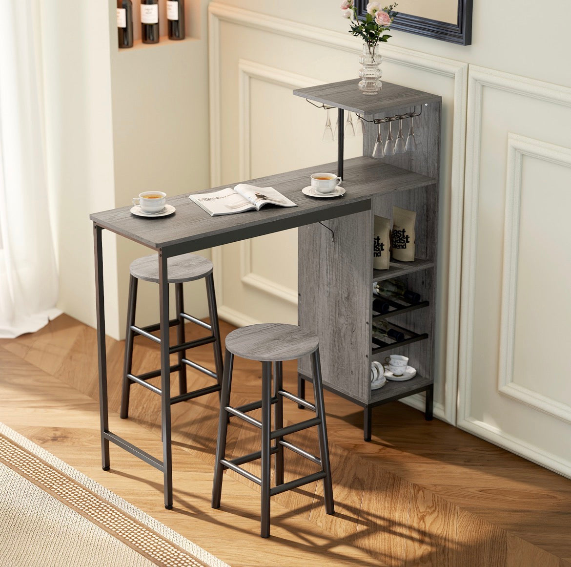 3 Pieces Dining Room Set, 2 Round Stools with Footrest, 6-Tier Dining Table with Storage Shelves