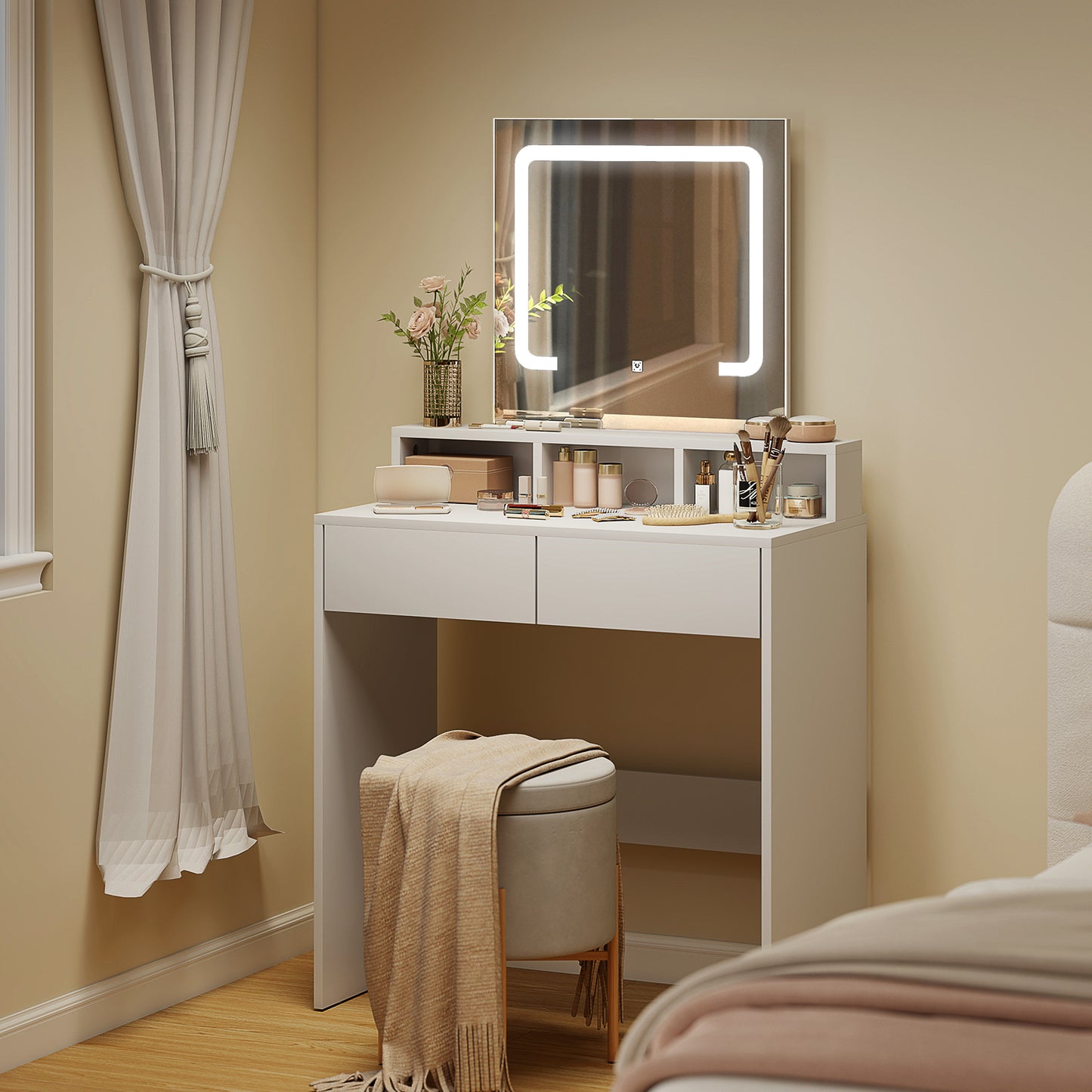 Storage Dressing Table, With LED Light Mirror