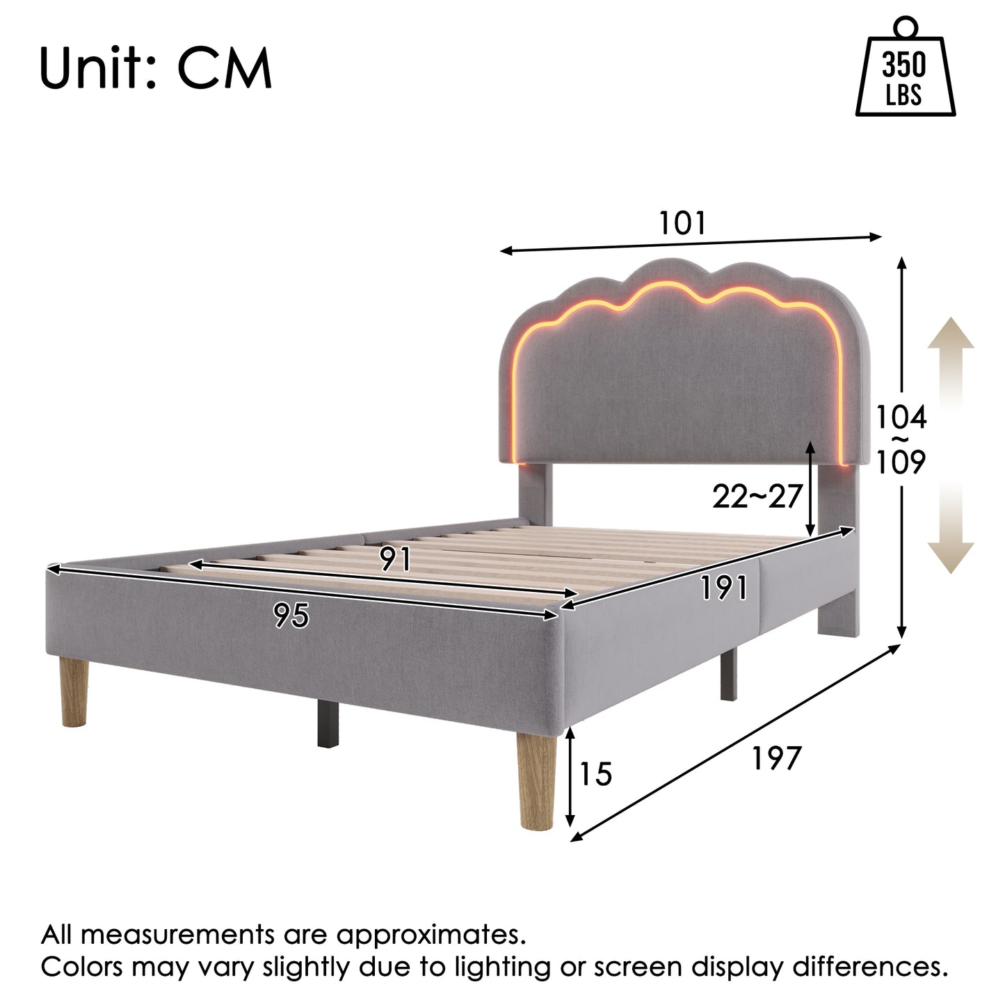 Grey Linen Single Bed 3ft with LED Lights