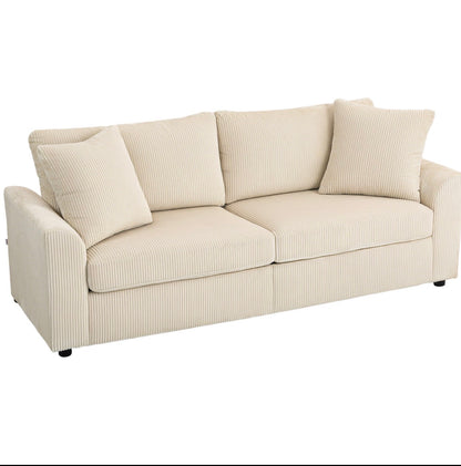 Modern 3 Seater Sofa with Spring Cushion, 212 cm Fabric Jumbo Cord Sofa Couch with 2 Scatter Cushions, Upholstered Corduroy Settee for Living Room, Bedroom, Home Office