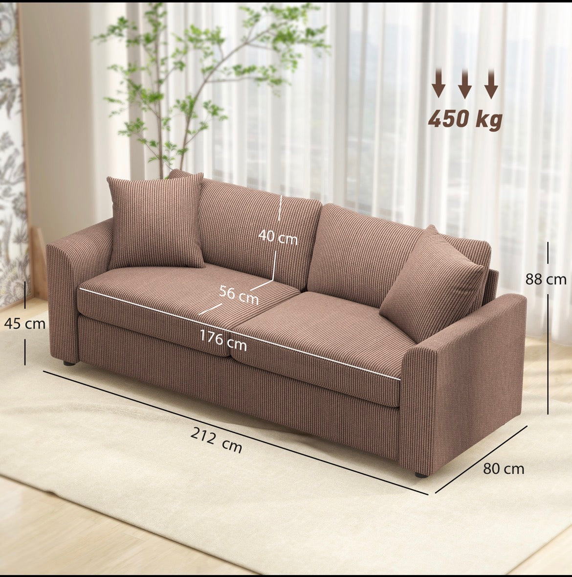 Modern 3 Seater Sofa with Spring Cushion, 212 cm Fabric Jumbo Cord Sofa Couch with 2 Scatter Cushions, Upholstered Corduroy Settee for Living Room, Bedroom, Home Office