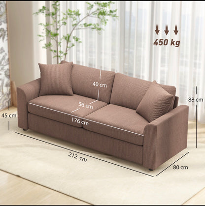Modern 3 Seater Sofa with Spring Cushion, 212 cm Fabric Jumbo Cord Sofa Couch with 2 Scatter Cushions, Upholstered Corduroy Settee for Living Room, Bedroom, Home Office