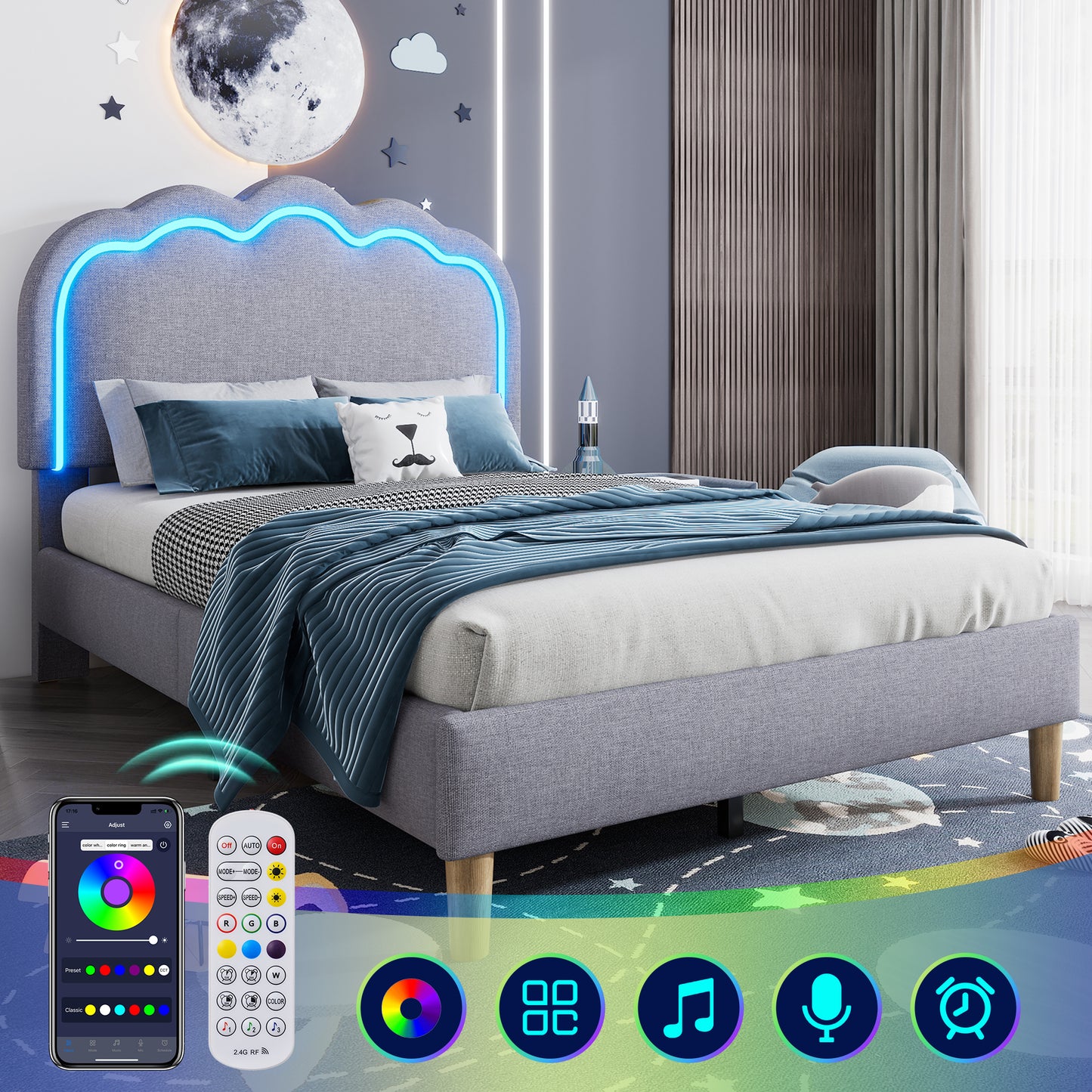 Grey Linen Single Bed 3ft with LED Lights