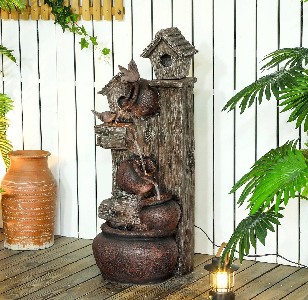 2-in-1 Waterfall Fountain with Birdhouse, Resin Garden Water Fountain with LED Lights Pump, Cascading Garden Water Feature with Tree Trunk Design, Multi-colour
