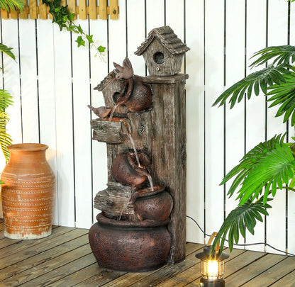 2-in-1 Waterfall Fountain with Birdhouse, Resin Garden Water Fountain with LED Lights Pump, Cascading Garden Water Feature with Tree Trunk Design, Multi-colour