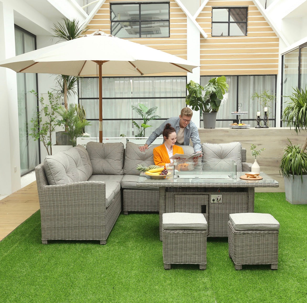 8-Seater Outdoor PE Rattan Sofa Set Conversation Set w/ Fire Pit Table, L-Shape Sofa, Footstool and Furniture Cover