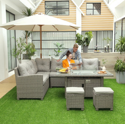 8-Seater Outdoor PE Rattan Sofa Set Conversation Set w/ Fire Pit Table, L-Shape Sofa, Footstool and Furniture Cover