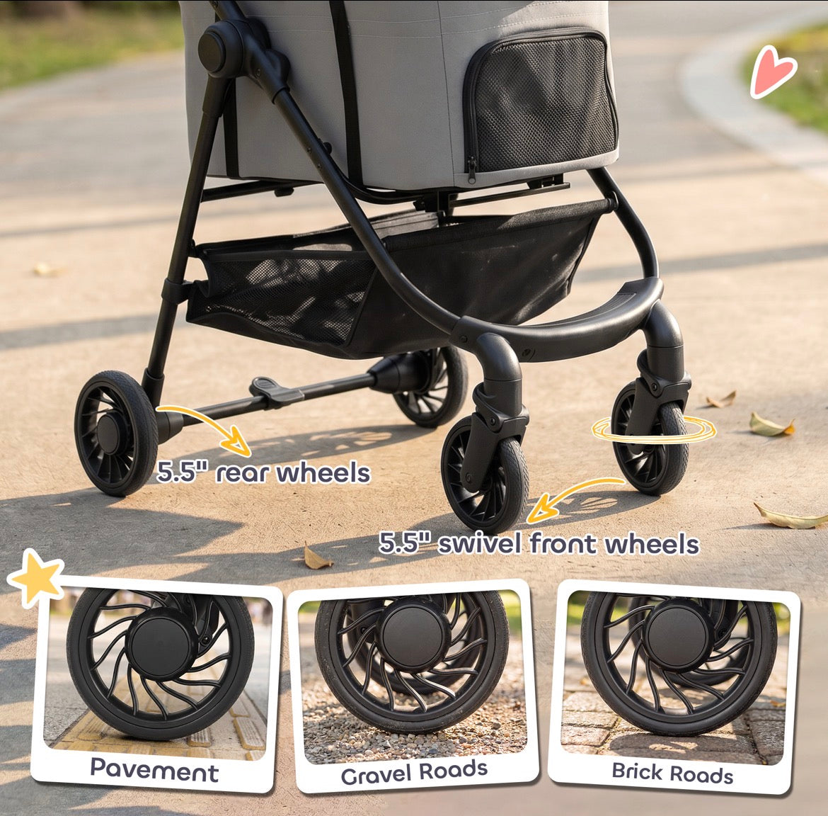 PawHut Dog Stroller, 3 in 1 Foldable Pet Stroller for Small Puppy Cat with Detachable Travel Carrier, Storage Basket