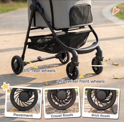 PawHut Dog Stroller, 3 in 1 Foldable Pet Stroller for Small Puppy Cat with Detachable Travel Carrier, Storage Basket