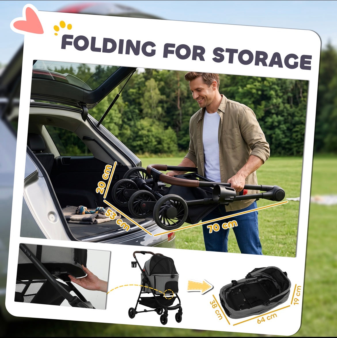 PawHut Dog Stroller, 3 in 1 Foldable Pet Stroller for Small Puppy Cat with Detachable Travel Carrier, Storage Basket