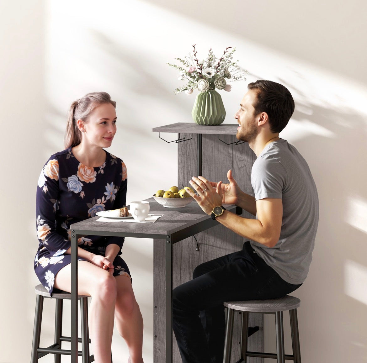 3 Pieces Dining Room Set, 2 Round Stools with Footrest, 6-Tier Dining Table with Storage Shelves