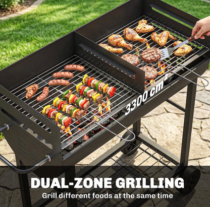 Charcoal Barbecue Grill with 2 Cooking Areas, Portable BBQ Trolley with Wheels, Height Adjustable Grates, Bottom Shelf