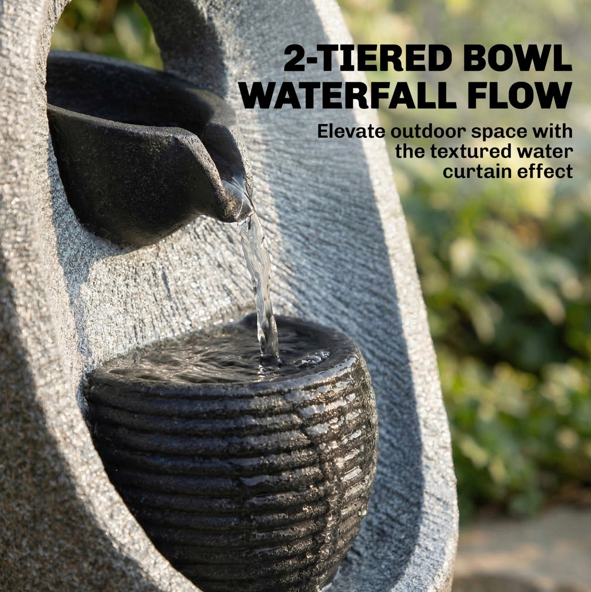 Water Feature with 2-Tier Bowls, Garden Water Fountain with Pump and LED Lights, Resin Cascading Waterfall