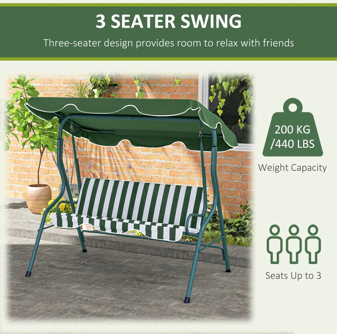 3-Seater Garden Swing Seat With Adjustable Canopy and Cushion