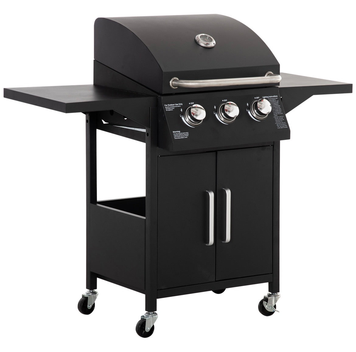 3 Burner Gas BBQ Grill Outdoor Portable Barbecue Trolley w/ Warming Rack, Side Shelves, Storage Cabinet
