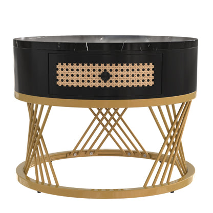 2-in-1 Coffee Table - Round Marble & Rattan