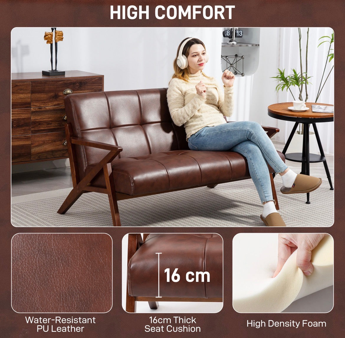 2-Seater Vintage PU Leather Sofa – Brown