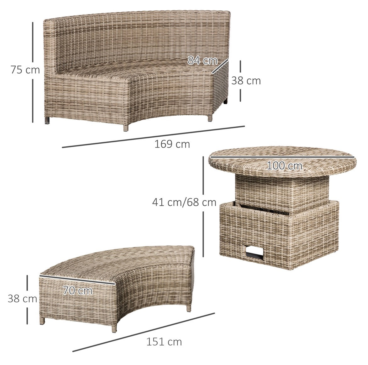 5 Pieces Outdoor PE Rattan Round Garden Daybed with Cushions, Aluminium Lounge Chair Conversation Sofa Set with Liftable Coffee Table and Protect Cover