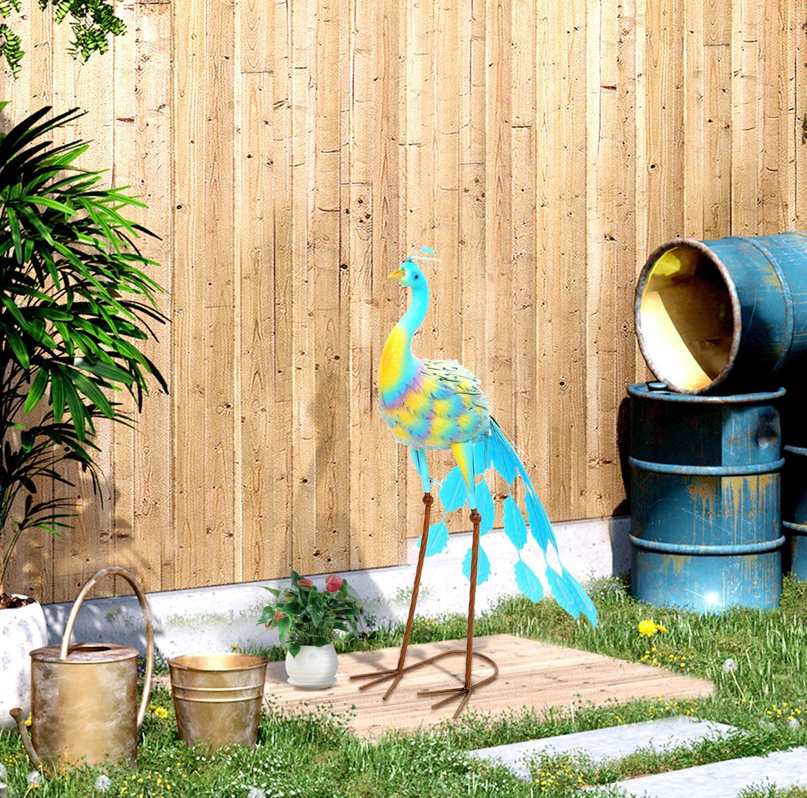 Peacock Garden Statue, Standing Garden Ornament, Metal Garden Gift with Stakes for Patio Pond Landscape Decoration