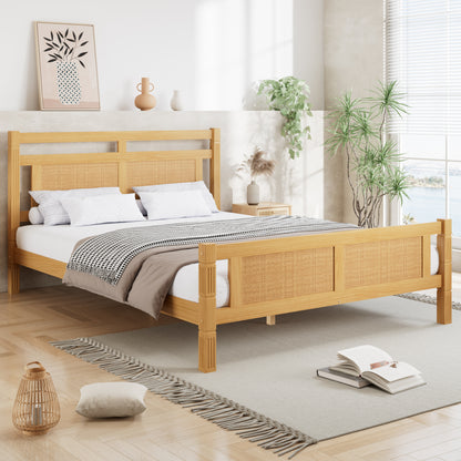 Wooden Double Bed 4ft6 - Rattan Style