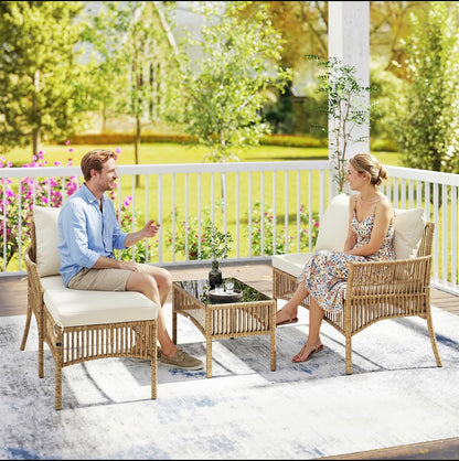 3-Piece Rattan Garden Furniture Corner Sofa Set with Chaise Lounge, Loveseat, Glass Coffee Table, Cushions