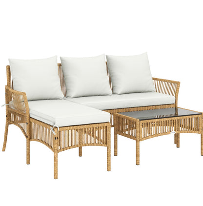 3-Piece Rattan Garden Furniture Corner Sofa Set with Chaise Lounge, Loveseat, Glass Coffee Table, Cushions