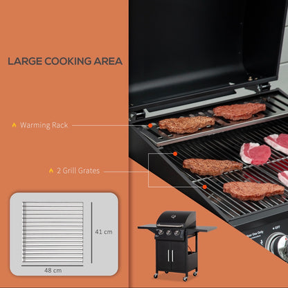 3 Burner Gas BBQ Grill Outdoor Portable Barbecue Trolley w/ Warming Rack, Side Shelves, Storage Cabinet