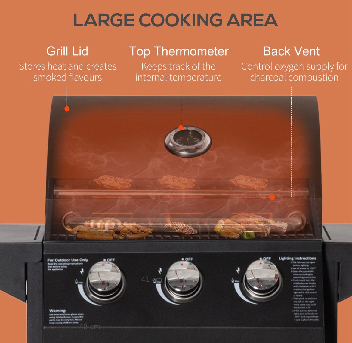 3 Burner Gas BBQ Grill Outdoor Portable Barbecue Trolley w/ Warming Rack, Side Shelves, Storage Cabinet