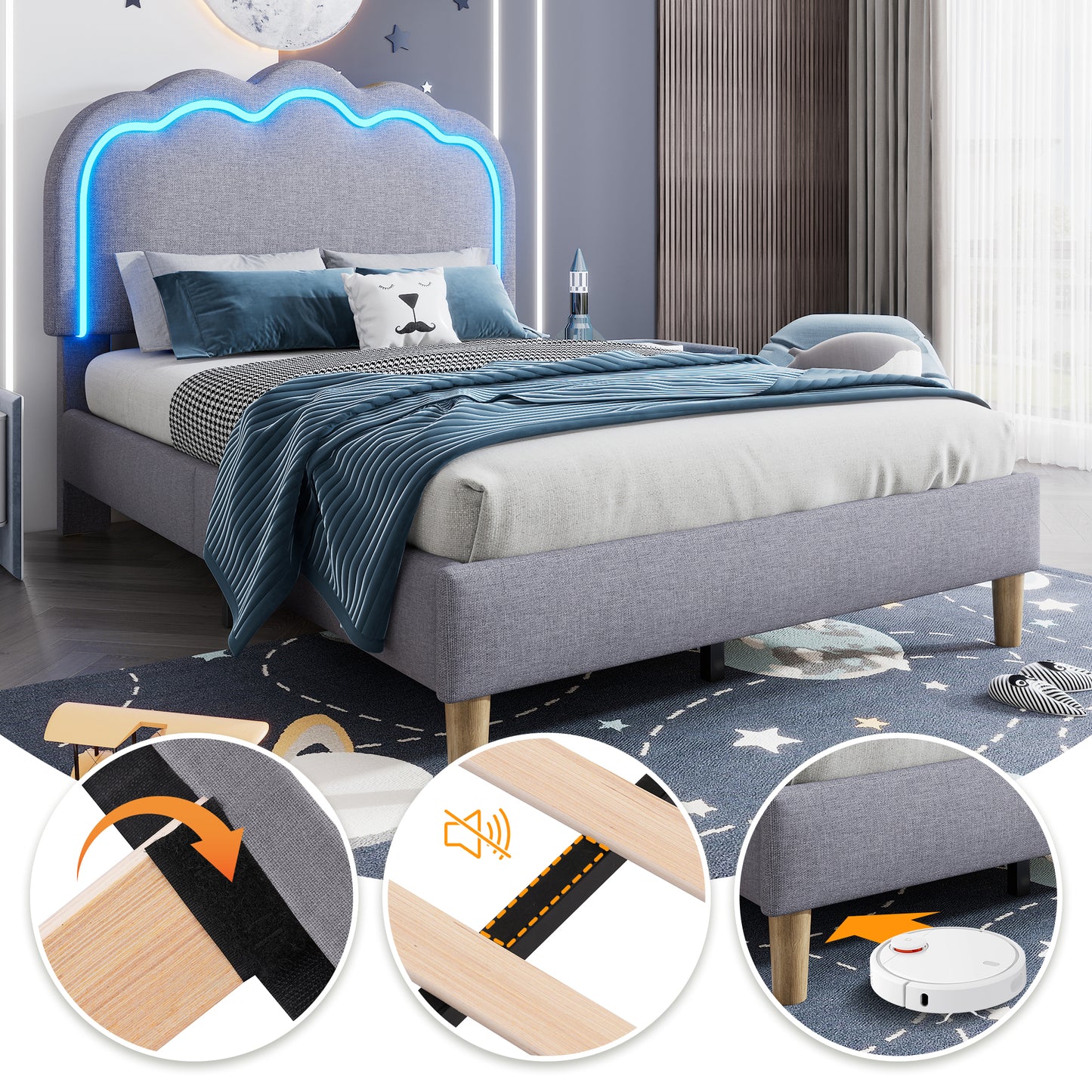 Grey Linen Single Bed 3ft with LED Lights