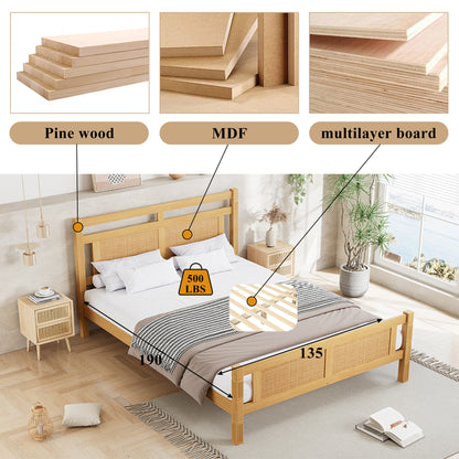 Wooden Double Bed 4ft6 - Rattan Style
