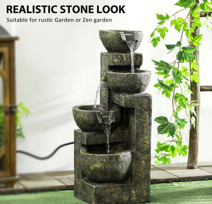 Garden Water Feature Waterfall Fountain with 4-Tier Stone Look Bowls, Adjustable Flow
