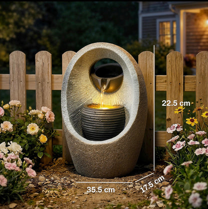 Water Feature with 2-Tier Bowls, Garden Water Fountain with Pump and LED Lights, Resin Cascading Waterfall