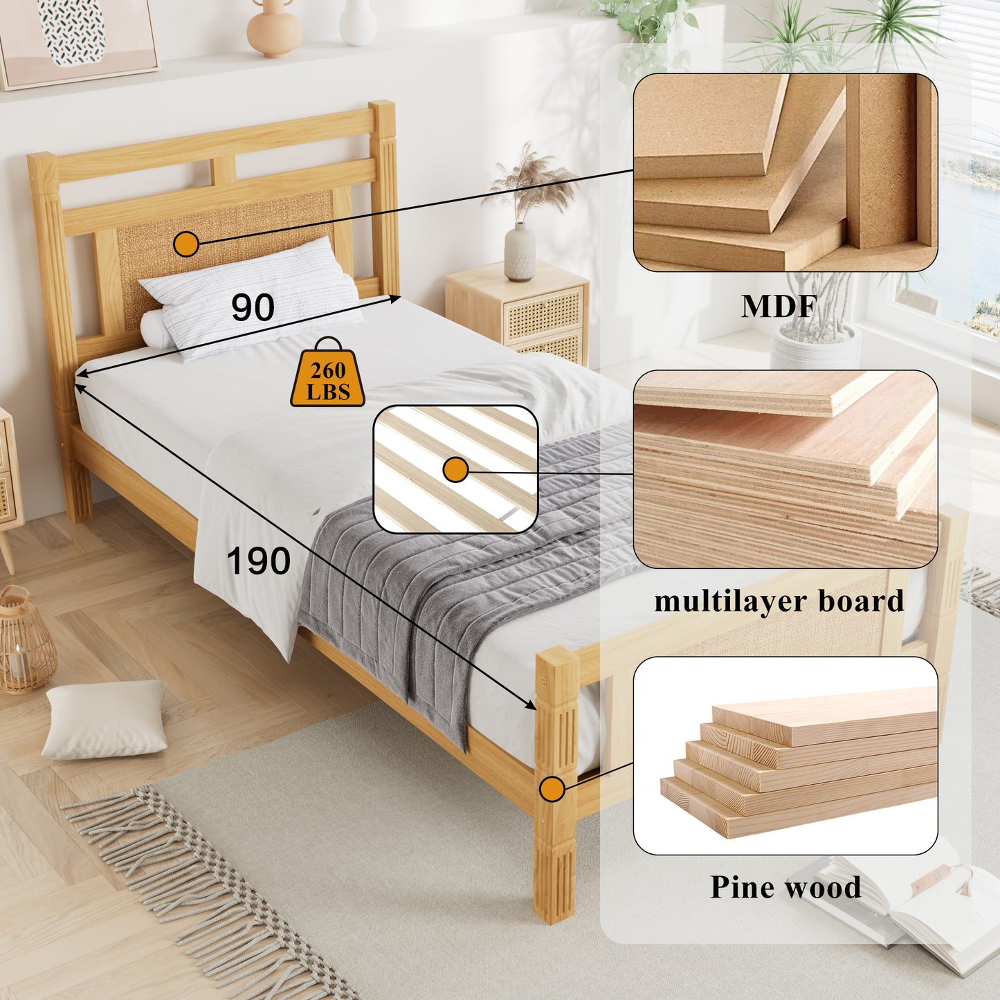 Wooden Single Bed 3ft - Rattan Style