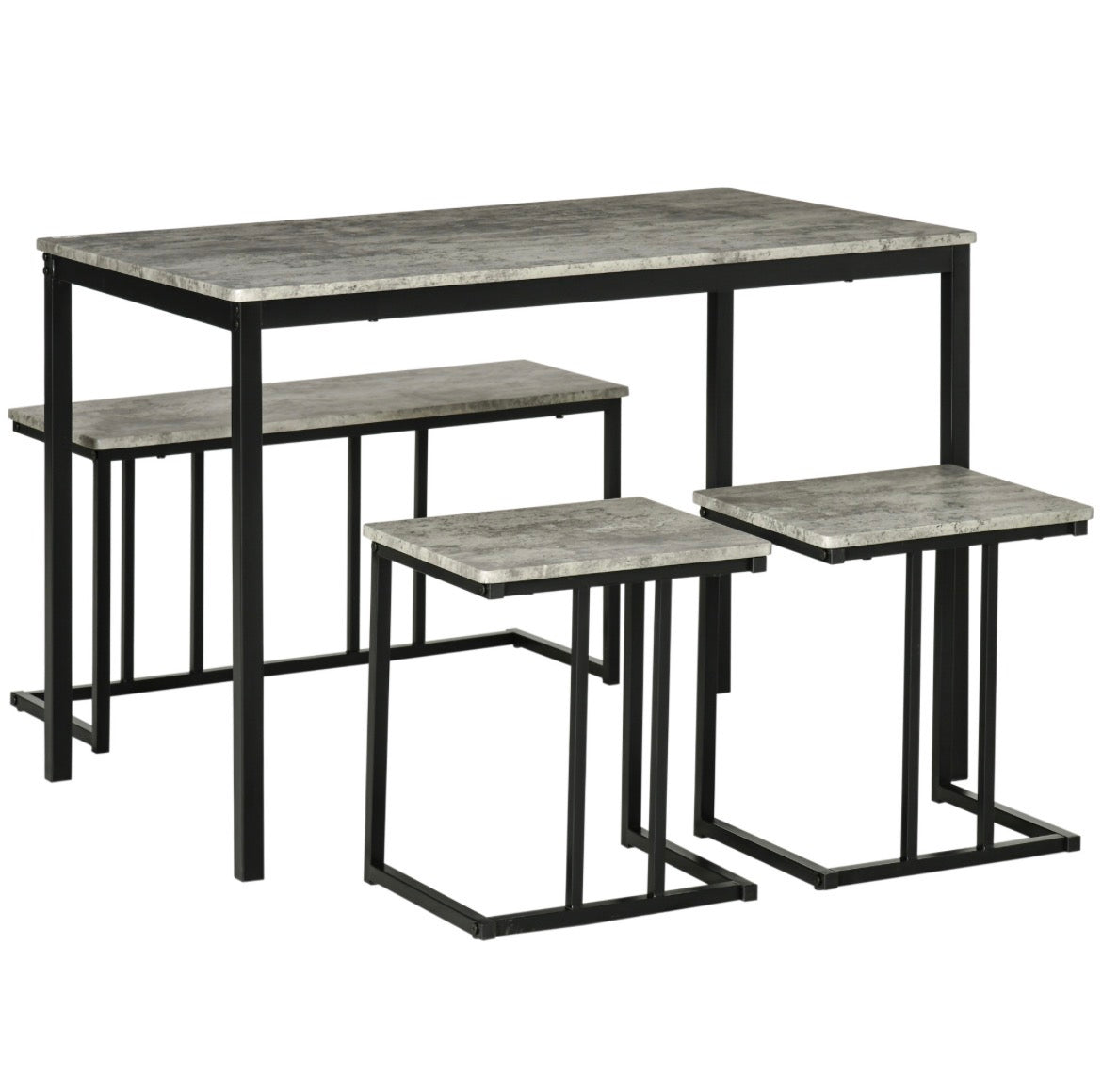 Concrete Effect Dining Table and Chairs Set for 4 People with Steel Frame Grey 4 Piece Kitchen Table and Bench Set