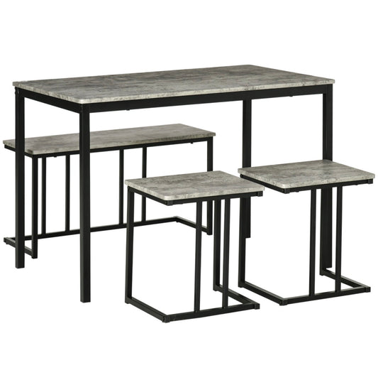 Concrete Effect Dining Table and Chairs Set for 4 People with Steel Frame Grey 4 Piece Kitchen Table and Bench Set