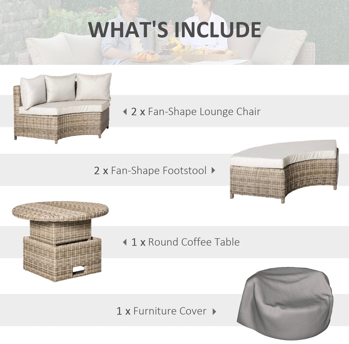 5 Pieces Outdoor PE Rattan Round Garden Daybed with Cushions, Aluminium Lounge Chair Conversation Sofa Set with Liftable Coffee Table and Protect Cover
