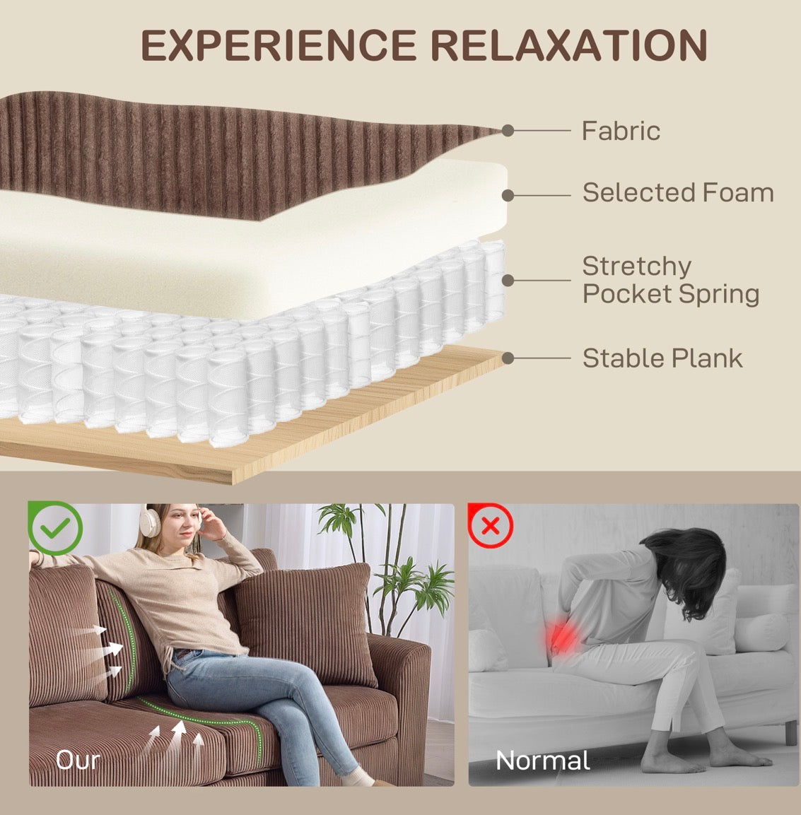 Modern 3 Seater Sofa with Spring Cushion, 212 cm Fabric Jumbo Cord Sofa Couch with 2 Scatter Cushions, Upholstered Corduroy Settee for Living Room, Bedroom, Home Office
