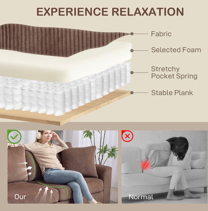 Modern 3 Seater Sofa with Spring Cushion, 212 cm Fabric Jumbo Cord Sofa Couch with 2 Scatter Cushions, Upholstered Corduroy Settee for Living Room, Bedroom, Home Office