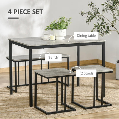 Concrete Effect Dining Table and Chairs Set for 4 People with Steel Frame Grey 4 Piece Kitchen Table and Bench Set