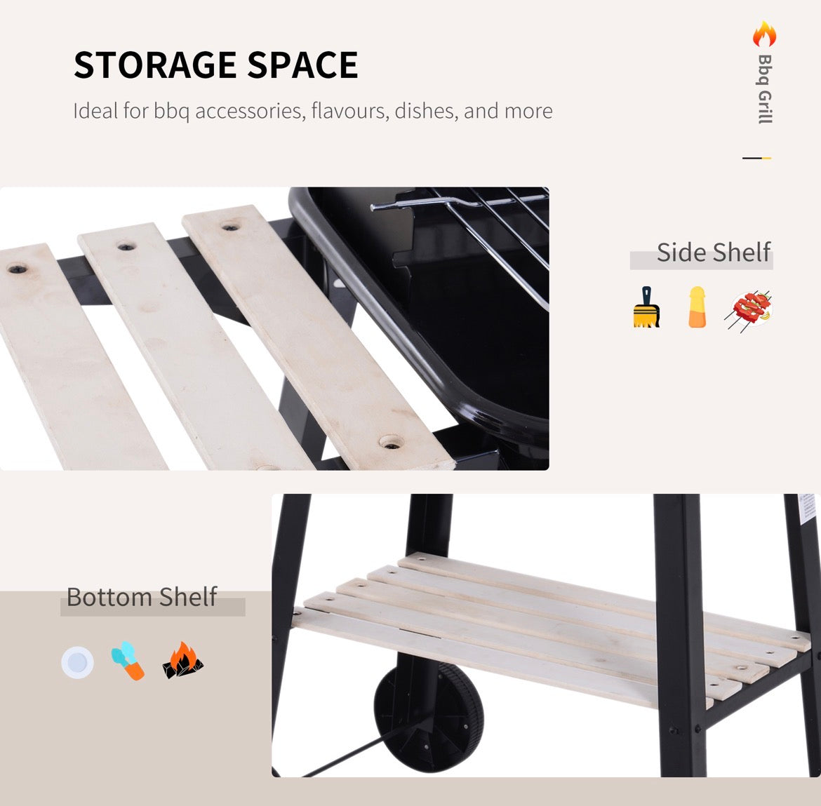 Charcoal BBQ Barbecue Grill Outdoor Patio Garden Heating Smoker with Side Trays Storage Shelf and Wheels