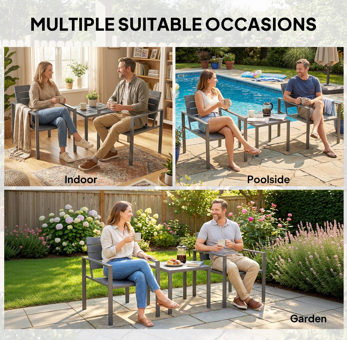 3 Pieces Garden Bistro Set for Outdoor Bistro Table and Chairs with Metal Frame Plastic Patio Furniture Set